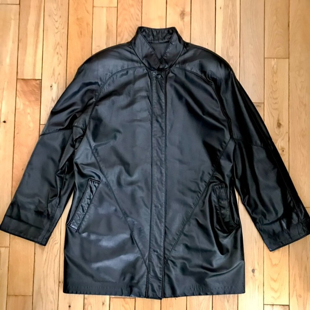 VINTAGE The LEATHER Ranch Black Luxury Designer Retro Leather Coat Women's Large